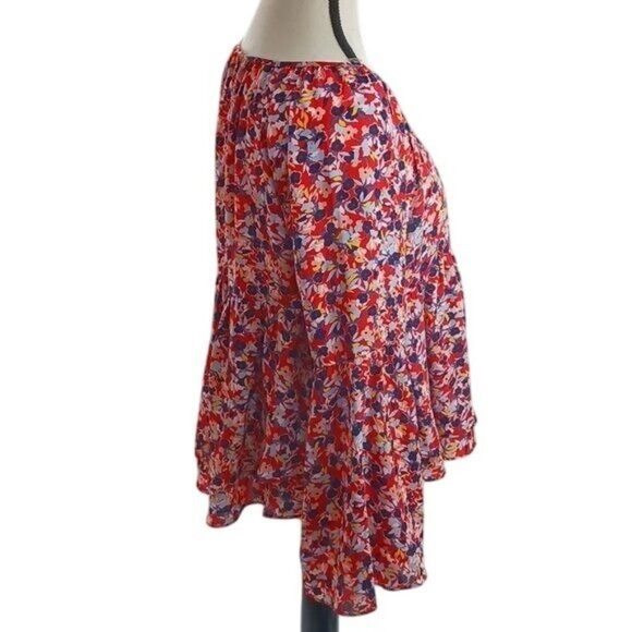 Copper Key Womens Size S Blouse Red Multicolor Floral Long Sleeve Boho Peasant - Picture 4 of 7